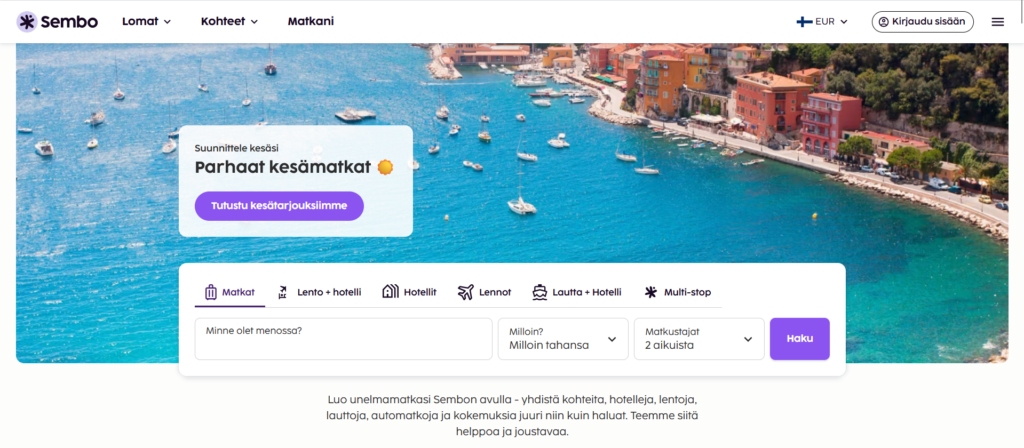 Sembo matkatoimisto hakukone ja varausjärjestelmä pakettimatkoille