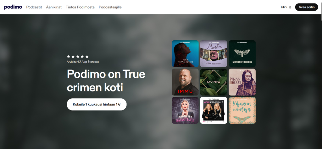 Podimo 1 euron kokeilutarjous ja tilausvaihtoehdot Premium alkaen 7,99 euroa kuukaudessa