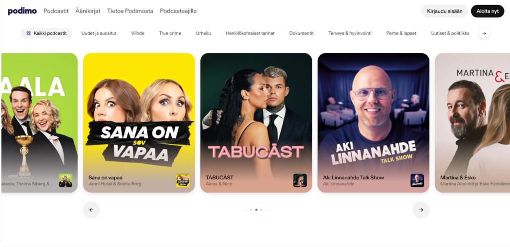 Podimon suosituimmat podcastit Suomessa Gaala Sana on vapaa TABUCÄST ja Aki Linnanahde Talk Show