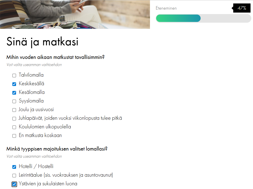 Matkabongaukset M3 Panelin kyselynäkymä, jossa monivalintakysymys ja vastausvaihtoehdot.
