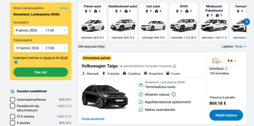 Discover Cars hakutulokset ja suodattimet suomeksi