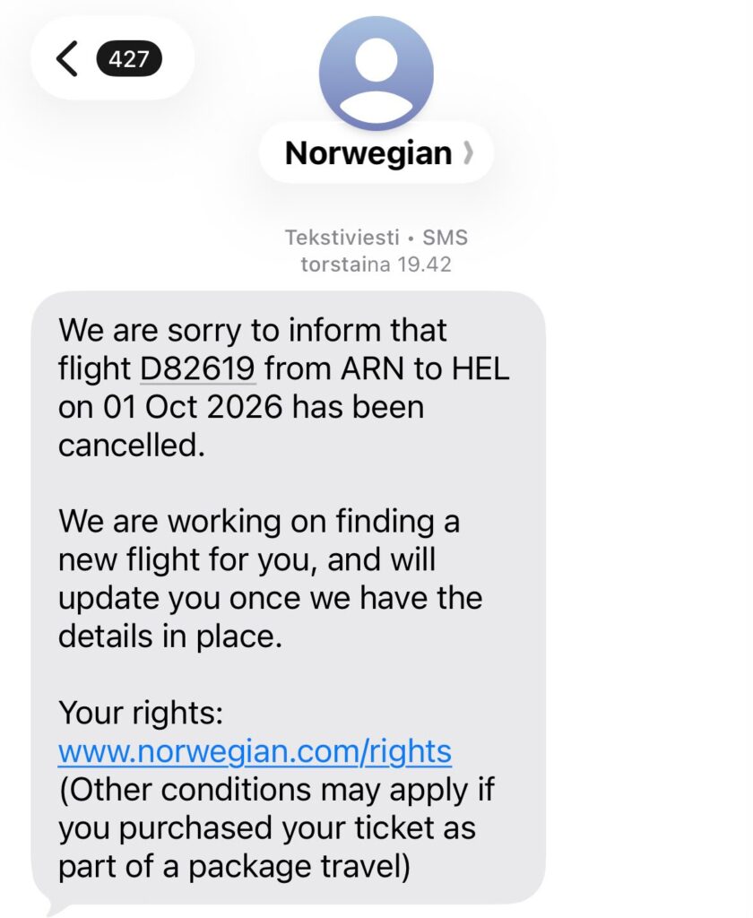 Norwegianin ilmoitus perutusta lennosta, uudesta lennosta ja hotellista