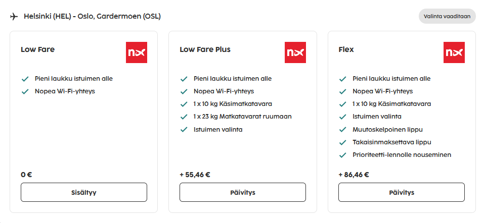 Norwegianin lipputyypit Low Fare, Low Fare Plus ja Flex Sembon varauksessa