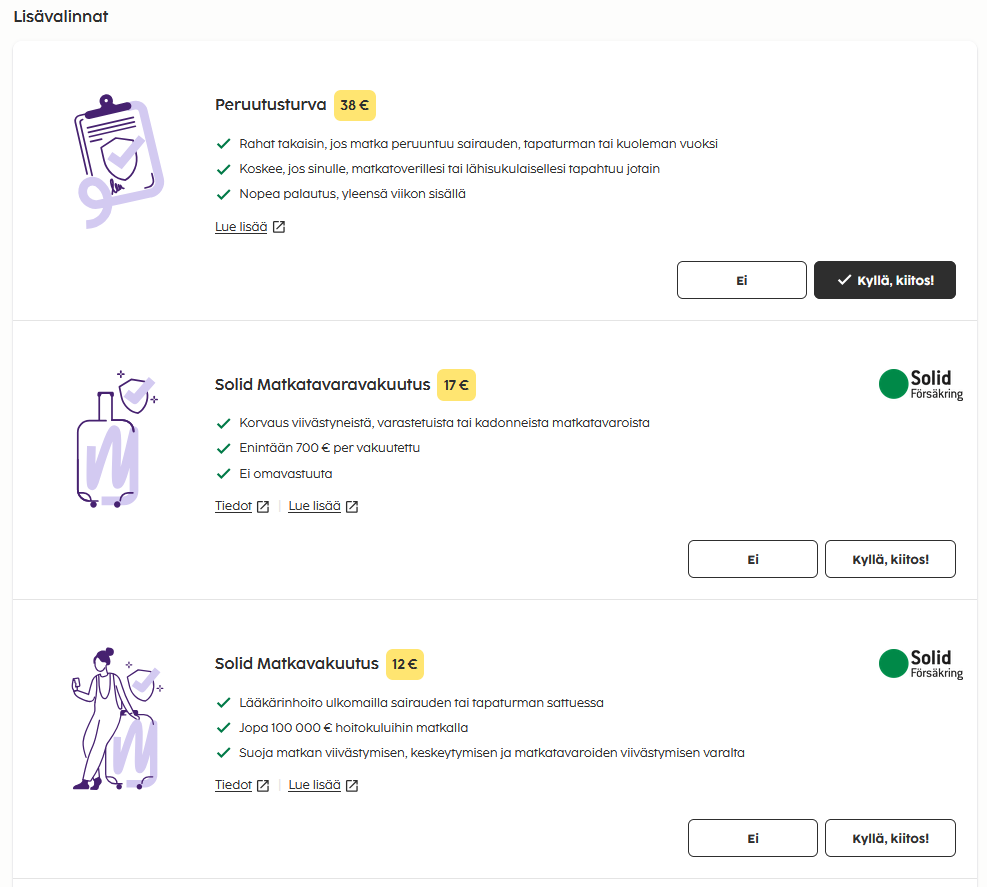 Sembon lisäpalvelut: peruutusturva, matkatavaravakuutus ja matkavakuutus