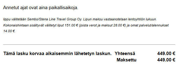 Sembon varauksen loppusumma 449 euroa ilman piilokuluja