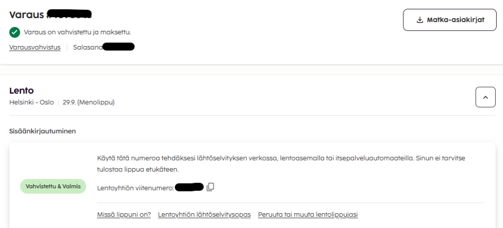 Sembon varausvahvistus, jossa Sembon varausnumero ja lentoyhtiön varaustunnus